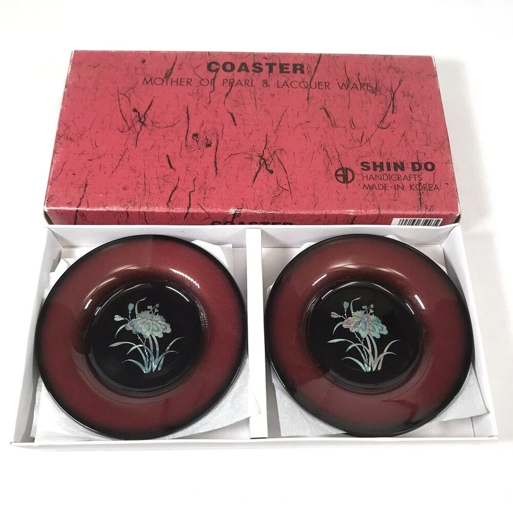 Set of 6 COASTERS Mother of Pearl Lacquer Ware FREESIA FLOWERS Shin Do Boxed NEW